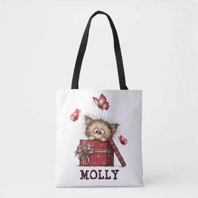 Cute Kitten with Butterflies Personalized Tote Bag (Front)