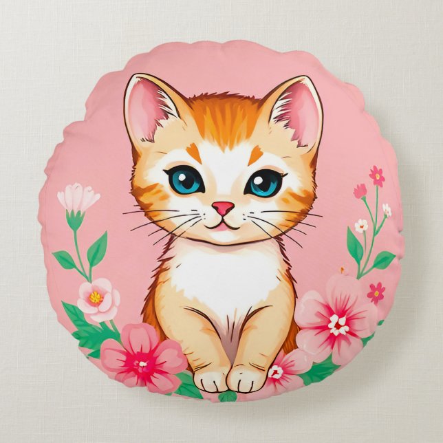 Cute Kitten with Flowers Round Cushion (Front)