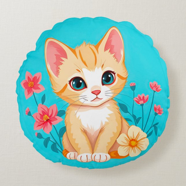 Cute Kitten with Flowers Round Cushion (Front)