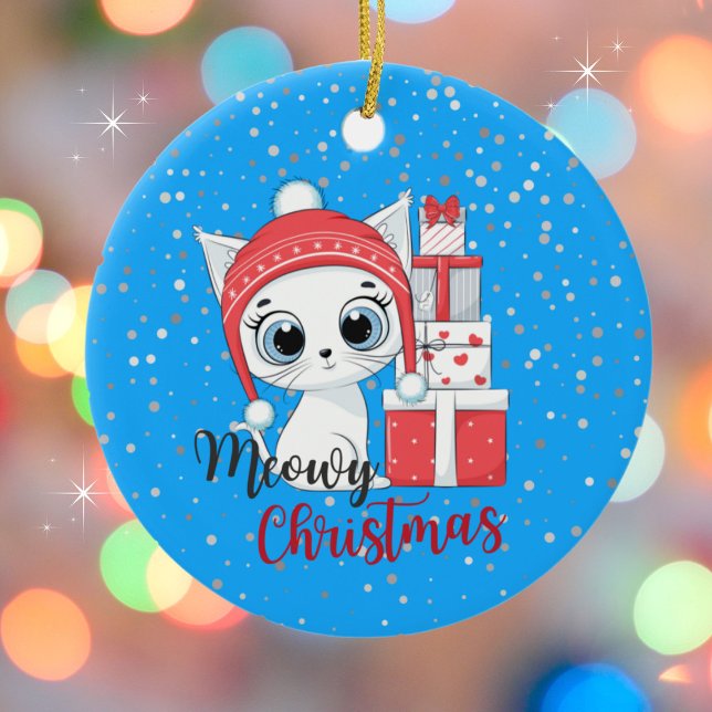 Cute Kitten with Gifts Meowy Christmas Ceramic Ornament (Creator Uploaded)