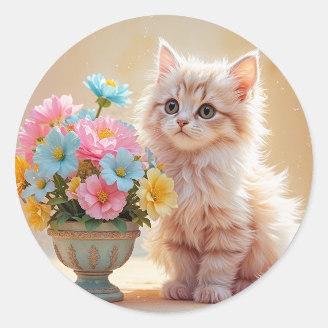 Cute Kitten with Pastel Flowers Classic Round Sticker (Front)
