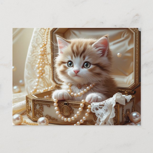 Cute Kitten with Pearls Sitting in a Jewellery Box Postcard (Front)