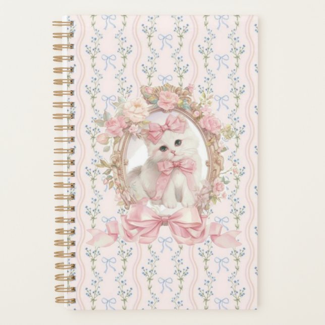 Cute Kitten with Pink Bows & Floral Notebook Planner (Front)