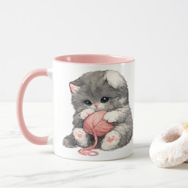 Cute Kitten with Pink Yarn Mug (With Donut)