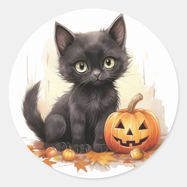 Cute Kitten with Pumpkin Halloween Stickers (Front)