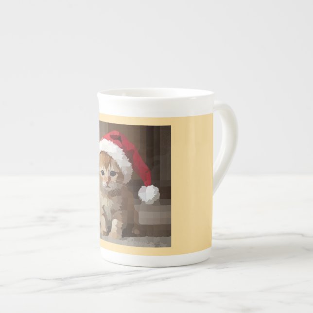 Cute kitten with Santa hat. Bone China Mug (Front Right)