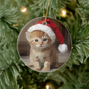 Cute kitten with Santa hat. Ceramic Ornament