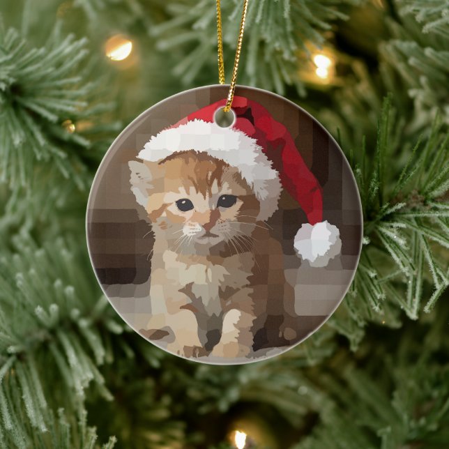 Cute kitten with Santa hat. Ceramic Ornament (Tree)