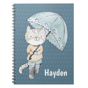 Cute Kitten with Umbrella in Rain Art Personalised Notebook