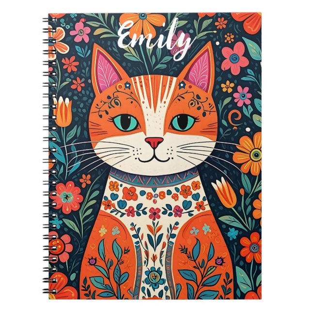 Cute Kitten with Whimsical Folk Art Flowers Notebook (Front)