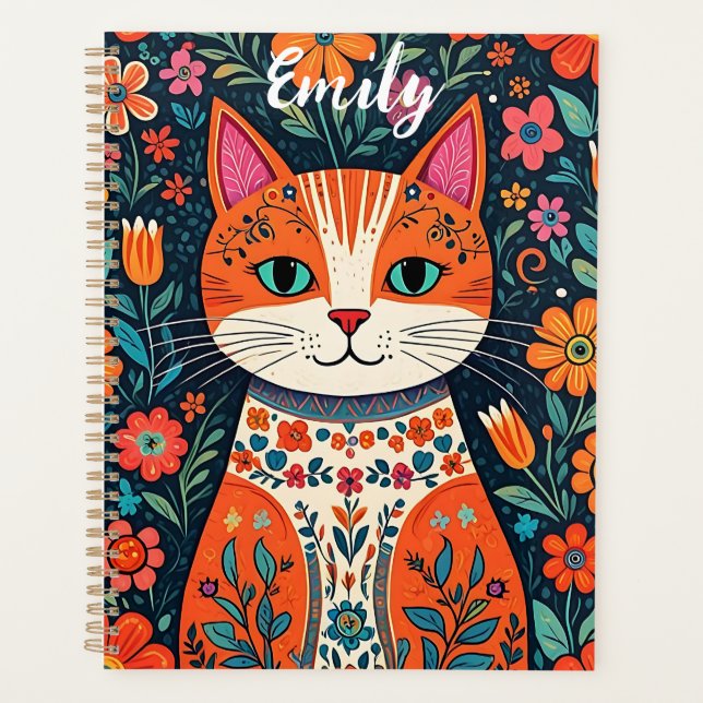 Cute Kitten with Whimsical Folk Art Flowers Planner (Front)