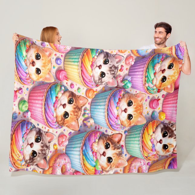 Cute kittens and cupcakes, fleece blanket, rainbow blanket (In Situ)