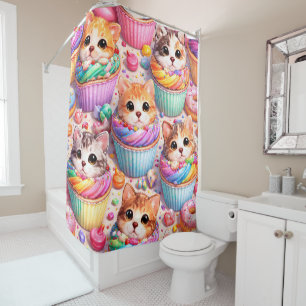 Cute kittens and cupcakes shower curtain rainbow s