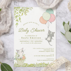 Cute Kittens and Floral   Whimsical Baby Shower Invitation