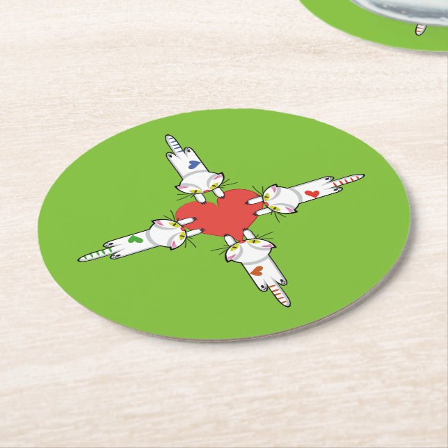 Cute kittens clinging to love round paper coaster (Angled)