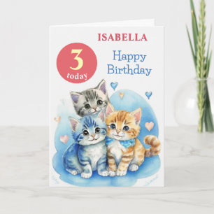 Cute Kittens Custom Name Age Kids Happy Birthday Card
