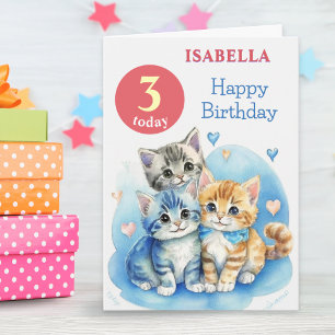 Cute Kittens Custom Name Age Kids Happy Birthday Card
