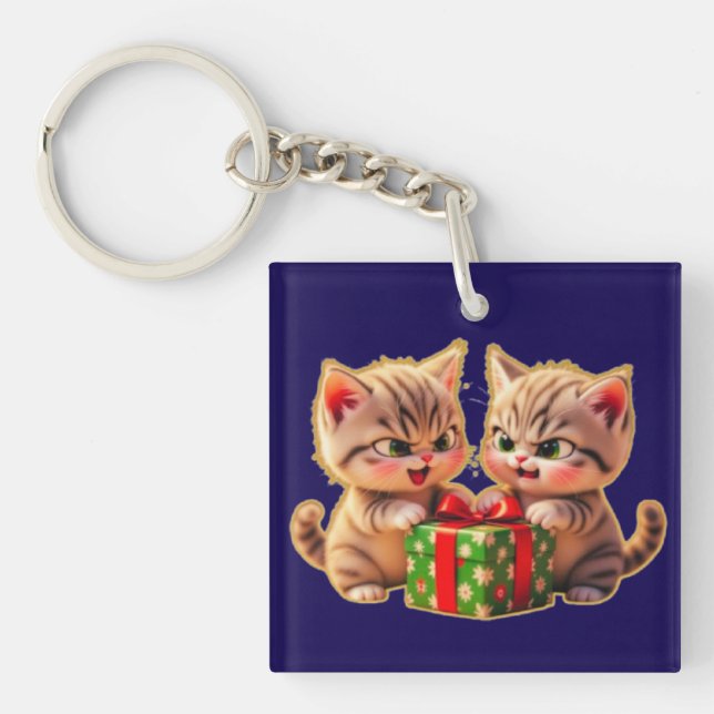 **Cute Kittens Fighting Over a Gift – Funny Christ Key Ring (Front)