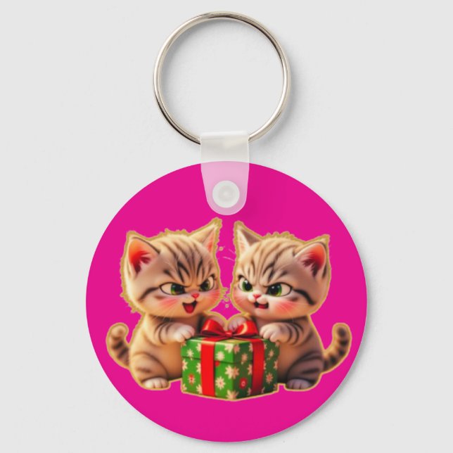 **Cute Kittens Fighting Over a Gift – Funny Christ Key Ring (Front)