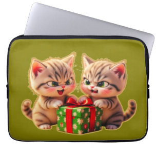 **Cute Kittens Fighting Over a Gift – Funny Christ Laptop Sleeve