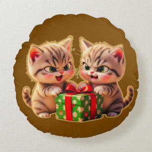 **Cute Kittens Fighting Over a Gift – Funny Christ Round Cushion