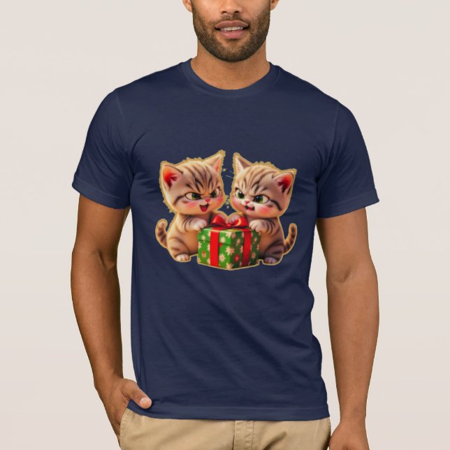 **Cute Kittens Fighting Over a Gift – Funny Christ T-Shirt (Front)