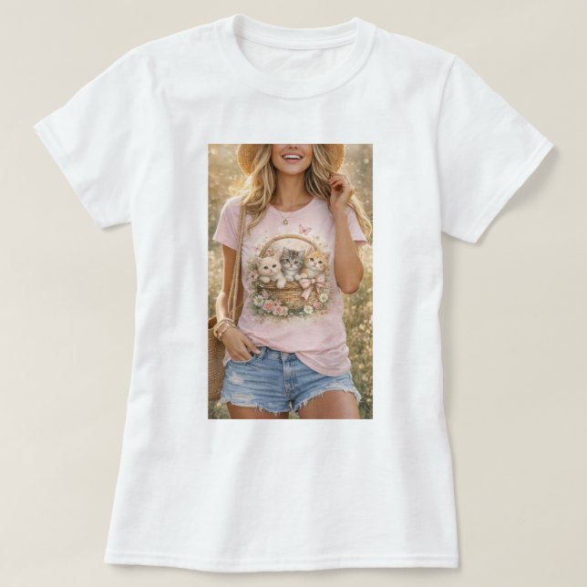 Cute Kittens Floral Graphic Girls T-Shirt (Design Front)