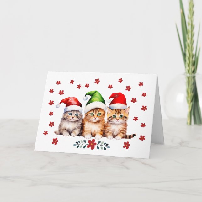 Cute Kittens & Florals Christmas Card (Front)