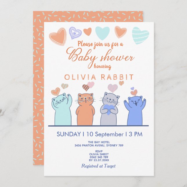 Cute Kittens Hearts Pink Blue Baby Shower Invitation (Front/Back)