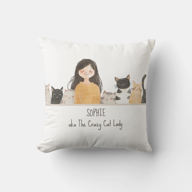 Cute Kittens Illustration Crazy Cat Lady with Name Cushion (Front)