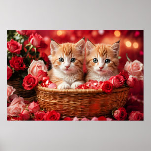 Cute Kittens in a Straw Basket Poster