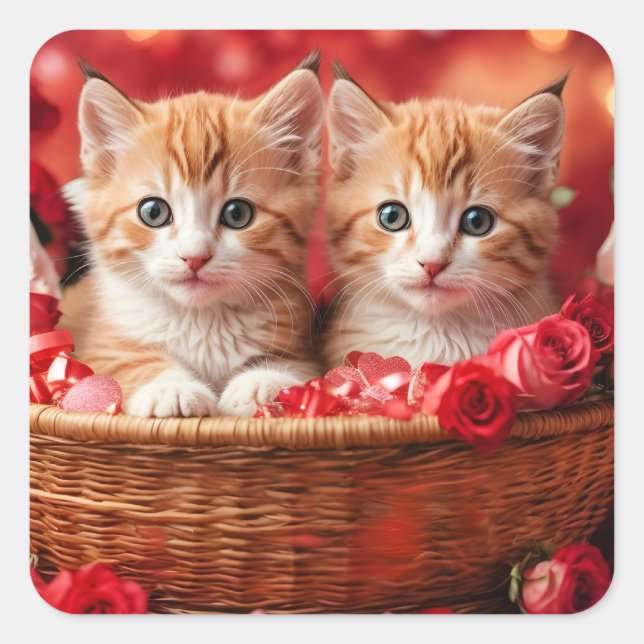 Cute Kittens in a Straw Basket Square Sticker (Front)