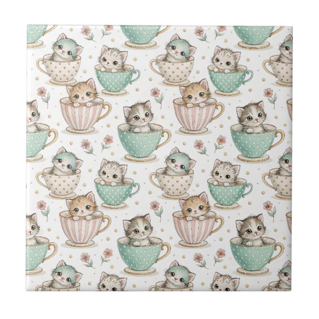 Cute Kittens in Teacups - Kids Cat Design Pattern Ceramic Tile (Front)