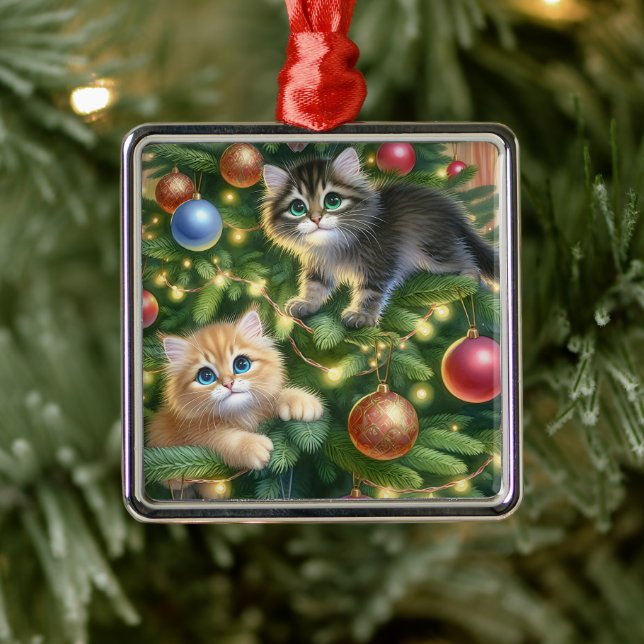Cute Kittens in the Christmas Tree  Metal Ornament (Tree)