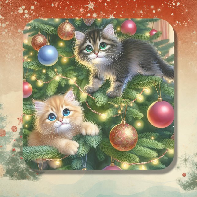 Cute Kittens in the Christmas Tree  Square Sticker (Creator Uploaded)