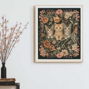 Cute Kittens in the Style of William Morris Poster