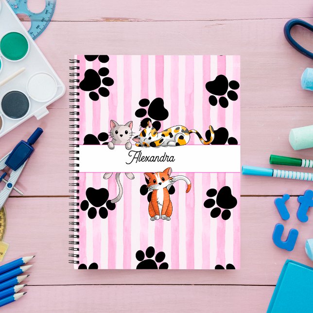 Cute Kittens & paws, pink stripes Spiral Notebook (Creator Uploaded)