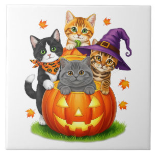 Cute Kittens Pumpkin Halloween Spooky Season Ceramic Tile