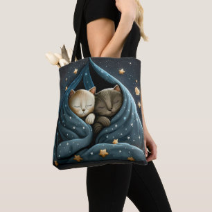 CUTE KITTENS SLEEPING IN BLANKETS UNDER STARS TOTE BAG