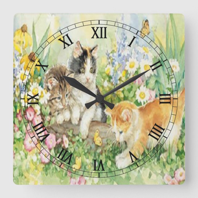 Cute Kittens Square Roman Numerals Clock (Front)