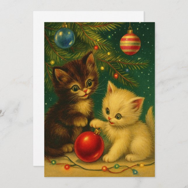 Cute Kittens Under Christmas Tree Retro Holiday Card (Front/Back)
