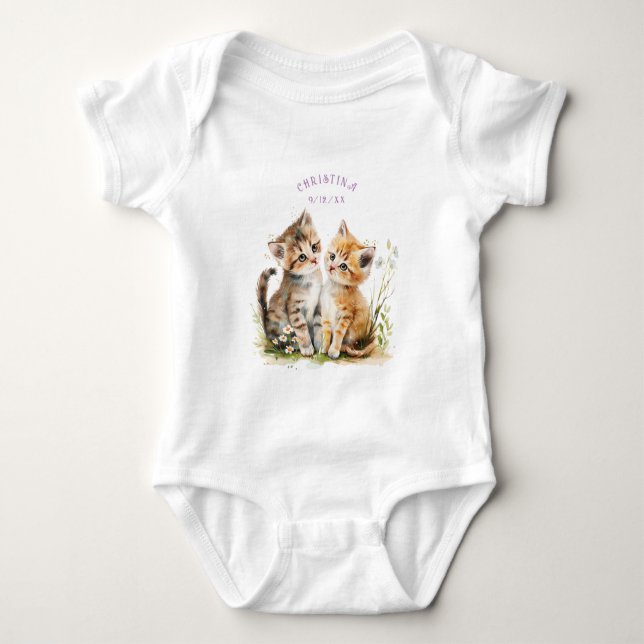 Cute Kittens Watercolor Flowers Baby Bodysuit (Front)