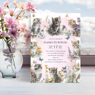 Cute Kittens Wildflowers Custom 5th Birthday Party Invitation