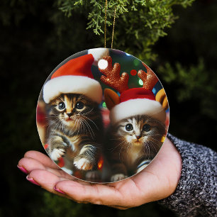 Cute kittens with Santa Claus and reindeer hats Ceramic Ornament