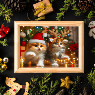 Cute kittens with Santa Claus and reindeer hats Poster