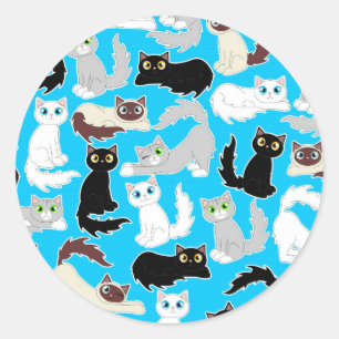 Cute Kitties Cartoon Cat Print - Blue Classic Round Sticker