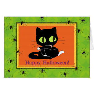 Cute Kitty and Spiders Halloween Card