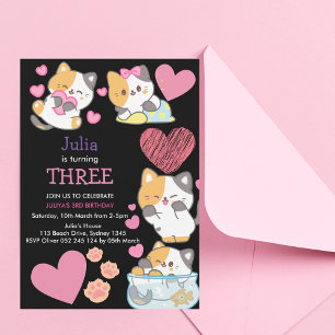 Cute kitty baby girl black 3rd birthday invitation