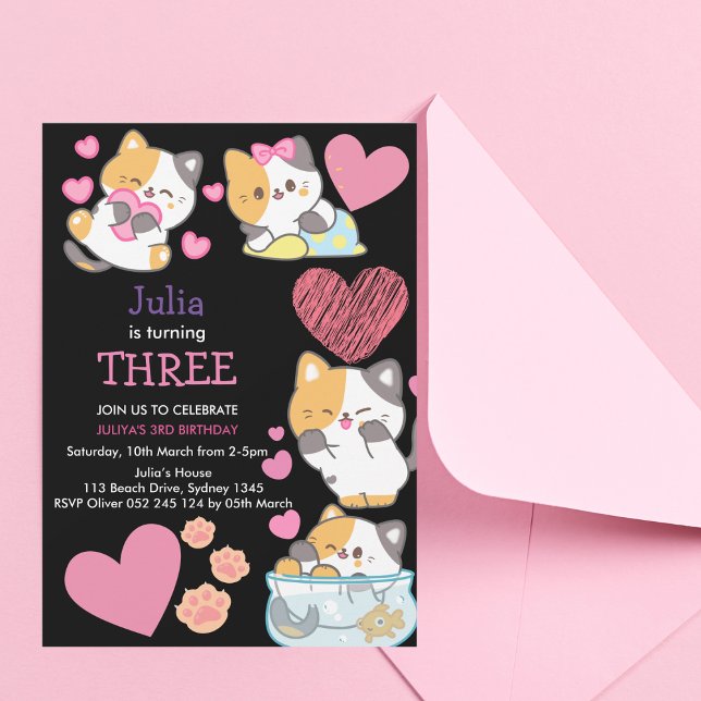 Cute kitty baby girl black 3rd birthday  invitation (Creator Uploaded)