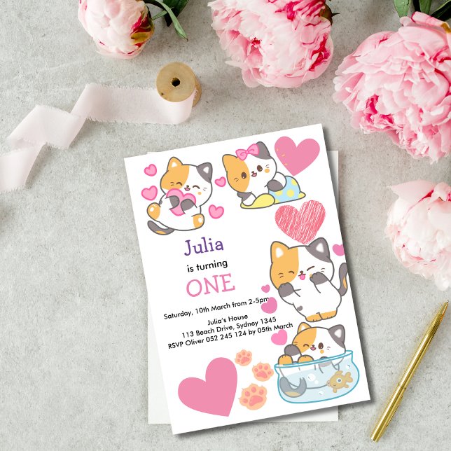 Cute kitty baby girl pink birthday  invitation (Creator Uploaded)